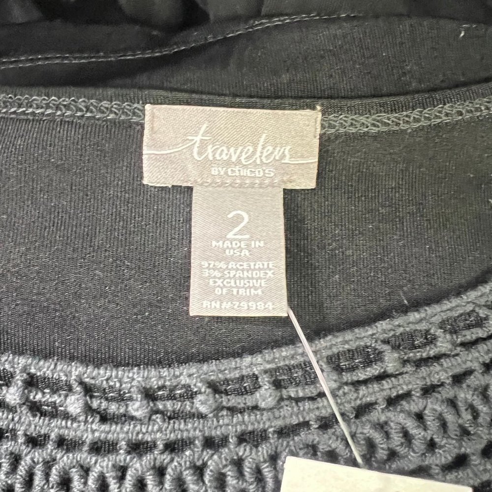 Chico's Travelers Slinky Crochet Neck Trim Top 3/4 Sleeve Size 2 L 12 NWT - Picture 5 of 7